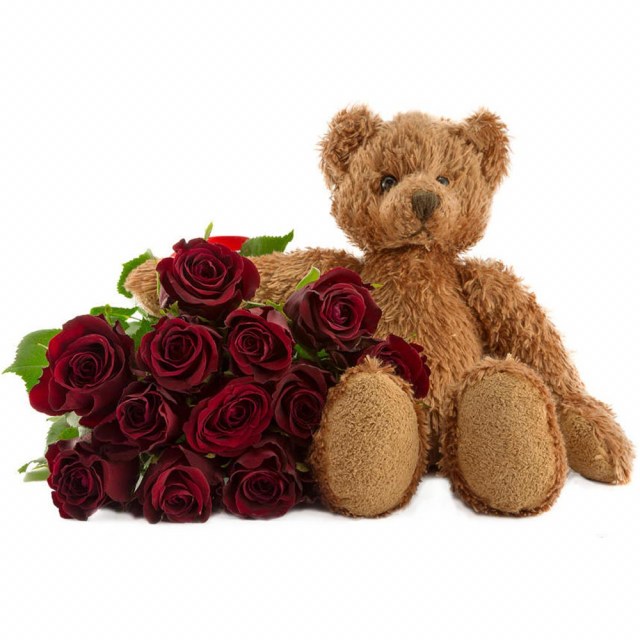 Αρκουδάκι 40cm με μπουκέτο τριαντάφυλλα 12 τεμαχίων - BEAR1010